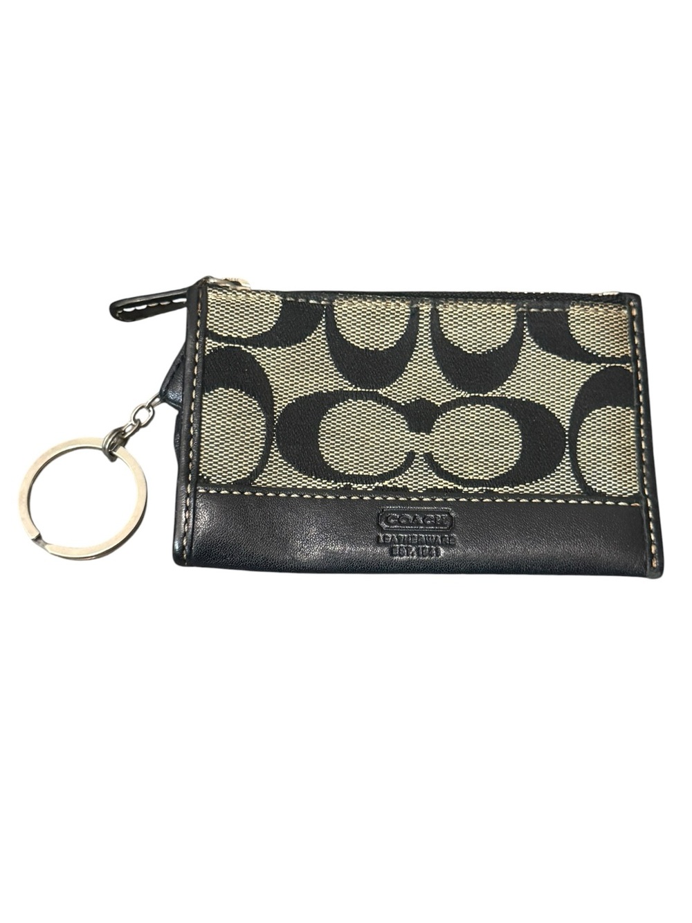 Coach Beige and Black Signature Key Card Wallet